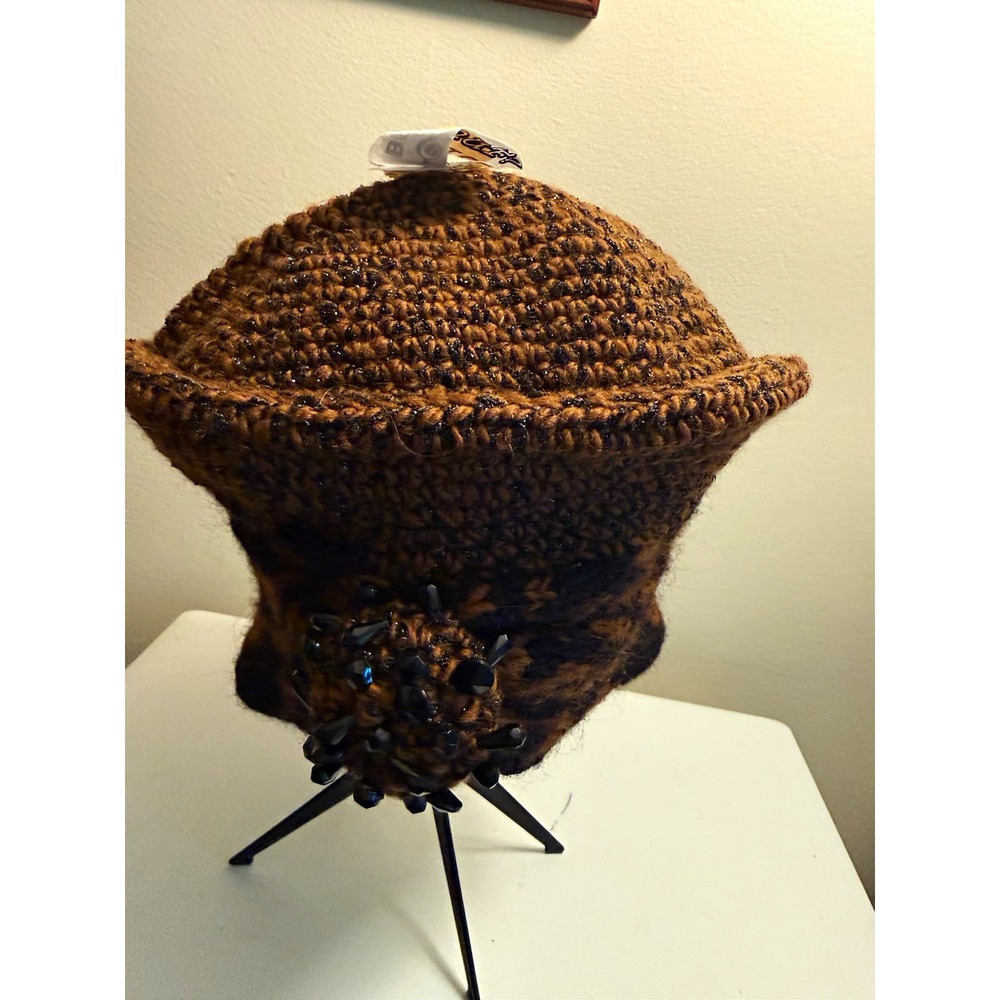 Vintage Y2K Knit Handmade Brown Black Hat w Flower Jeweled Accent